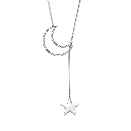 Long Necklaces for Women, Gold Silver Moon and Star Bar Human Face Fishtail Simple Chain Pendant Necklace for Girls - Moon&Star