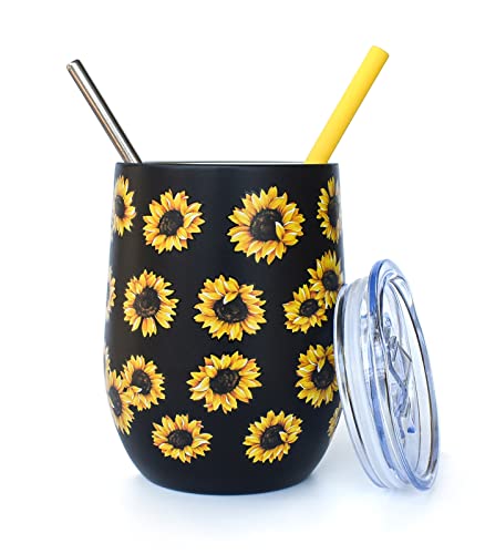 CHIUTUUY Stainless Steel Tumbler with Lid and Straws, Vacuum Insulated Cup 12 oz, Double Wall Travel Coffee Mug, Sunflower Print Gifts - Sunflower