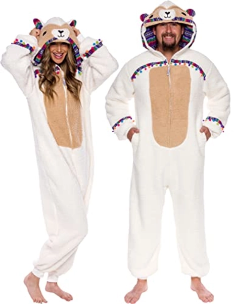 Funziez! Slim Fit Sherpa Adult Onesie - Animal Halloween Costume - Plush One Piece Cosplay Suit for Women and Men - X-Large - Llama