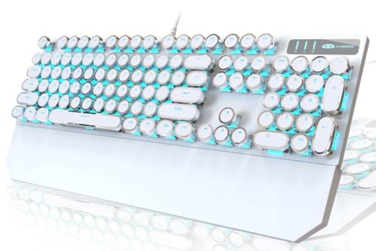 Camiysn Typewriter Style Mechanical Gaming Keyboard, White Retro Punk Gaming Keyboard with Blue Backlit, 104 Keys Blue Switch Wired Cute Keyboard, Round Keycaps for Windows/Mac/PC - white(round keycaps)