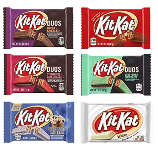 Hershey's KitKat 6 Bars Variety Assortment Mix Bundle Pack Chocolate Candy Singles - Milk - Dark- Mint - Mocha - Strawberry - Blueberry Muffin, 1.5 ounces