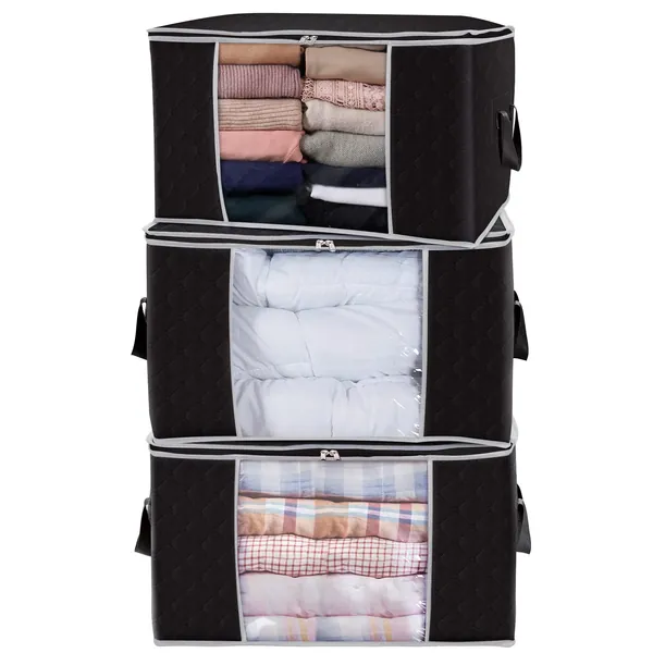 Lifewit Grote Opbergtas voor Kleding met Versterkte Handgreep Dikke Stof voor Dekbedden, Dekens, Beddengoed, Opvouwbaar met Stevige Ritssluiting, Transparant Venster (3 x 90L, Zwart)