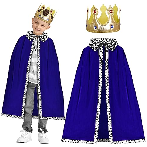 HAKOTOM King Costume for Kids King Robe and Crown for 100th Day of School Boys Royal Prince King Outfit Dress Up Cosplay (Blue) - Blue