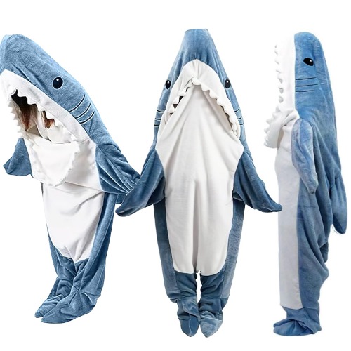 La Manta de Tiburón con Capucha es una manta de franela cálida y acogedora con un diseño divertido de tiburón de una pieza. - S(150CM)