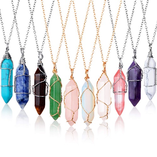 10 Pieces Hexagonal Crystal Pendant Necklace, Natural Quartz Stone Pendant Necklace, Healing Crystal Full Wire Wrap Gemstone Necklace for Women Girls (Elegant Colors) - Charming Colors