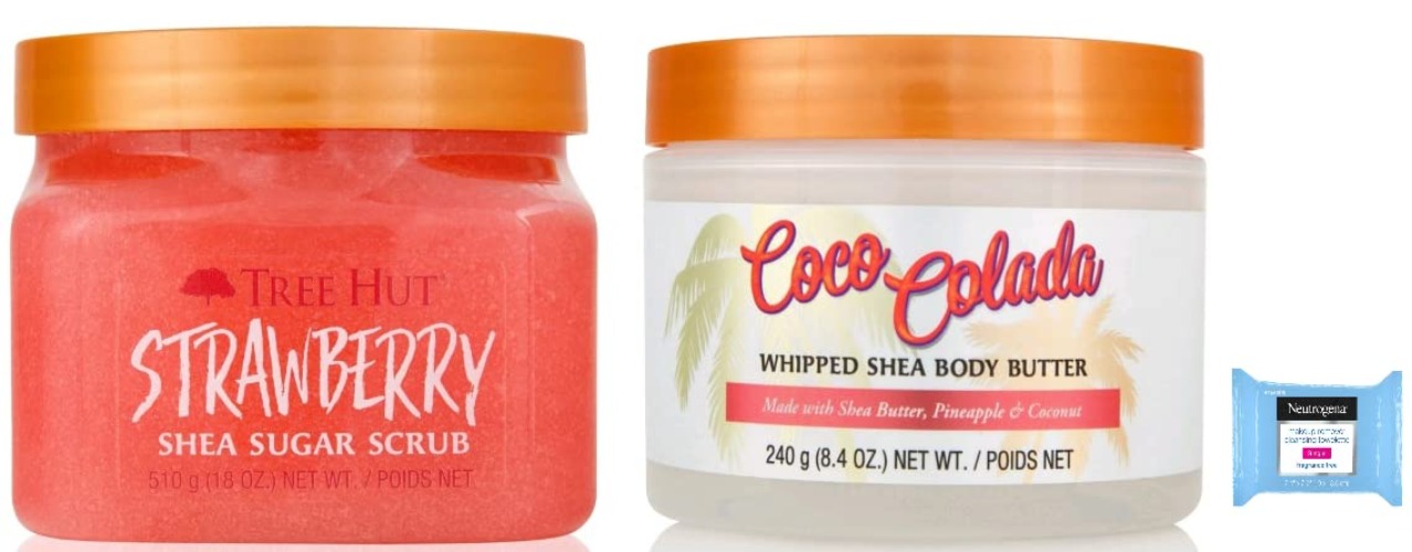 Tree Hut Shea Sugar Body Scrub Strawberry and Body Butter Coco Colada, with Single Fragrance-Free Makeup Remover Cleansing Towelette