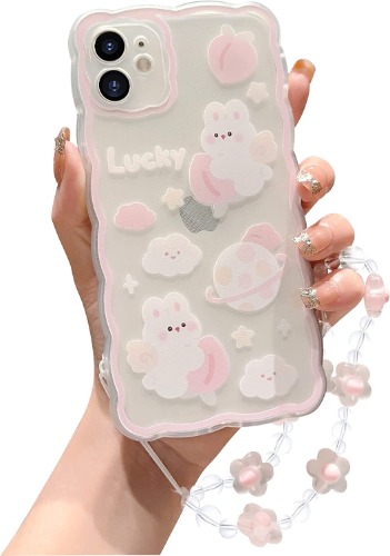 ZSYTZL Compatible with iPhone 11 Case Cute Cartoon Peach Rabbit with Cute Chain Design for Women Girls Aesthetic Kawaii Slim Soft TPU Transparent Case for iPhone 11-Peach Rabbit