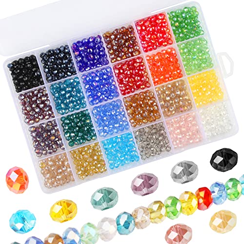 Faceted Rondelle Beads 1200PCS 6mm Crystal Beads Briolette Beads Glass Beads with a Storage Box for Bracelet Necklace Jewelry Making DIY Craft (24 Colors)