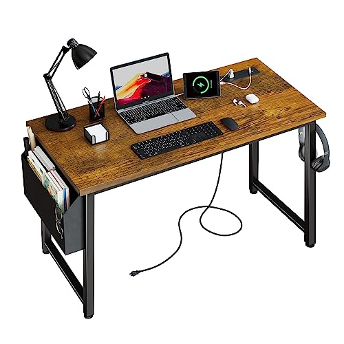 Lufeiya 39 inch White Computer Desk with Power Outlet, 40 inch Teen Study Table Home Office Work Writing Desks with Charging Station Outlets Built in, White - Rustic Brown - 39.4"