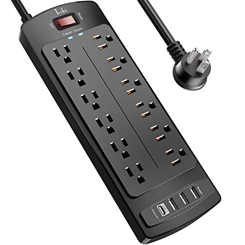 Power Strip, Tcstei Surge Protector with 12 Outlets and 4 USB Ports, 6 Feet Extension Cord (1875W/15A) for for Home, Office, Dorm Essentials, 2700 Joules, ETL Listed, (Black) - Black