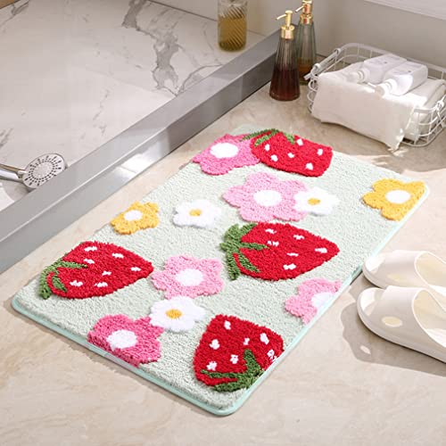LIKETN Soft Cozy Strawberry Bathroom Rugs Bath Mat Cute Doormat Non Slip Absorbent Washable Shaggy Bedroom Durable Thick Plush Door Mats Bathtub Shower Bath Rug for Girls (17.7" X 25.6", Green) - 17.7" X 25.6" - Green
