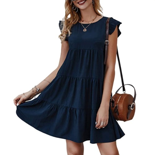 Womens Flowy Dress with Cap Sleeves - Navy / M
