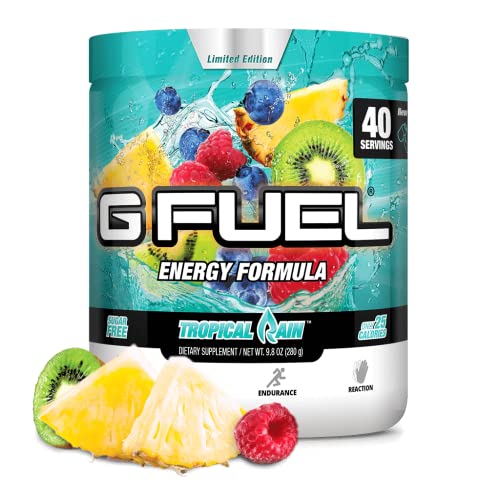 Gamma Labs G Fuel Tropical Rain Energy Powder, Sugar Free, Clean Caffeine Focus Supplement, Water Mix, Fruit Medley Flavor, Focus Amino, Vitamin + Antioxidants Blend, 9.8 oz (40 Servings) - Tub