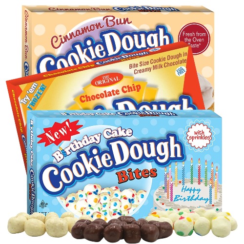 Cookie Dough Bite Assortment, Birthday Cake, Cinnamon Bun, and Chocolate Chip Bites, Movie Theater Candy, Pack of 3, 3.1 Ounces Each