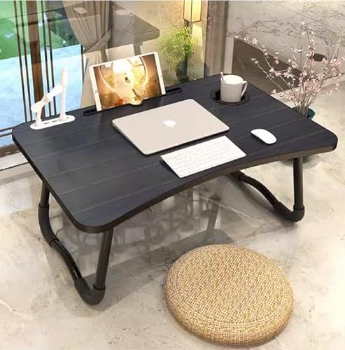 Bed Desk Tray with USB Ports, Pad & Cup Holder, Drawer - Laptop Table for Bed/Sofa/Couch/Floor/Work/Study/Reading/Writing/Drawing/Homework - Foldable & Portable Breakfast Table Lap Desk (Black) - Updated With Usb Ports and Fan Black