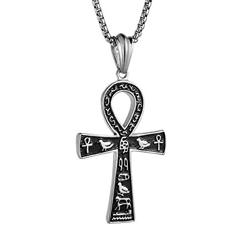 HZMAN Stainless Steel Large Ankh Cross Pendant Ancient Egyptian Hieroglyphic Symbol 22+2 Inch Chain - Silver-Big