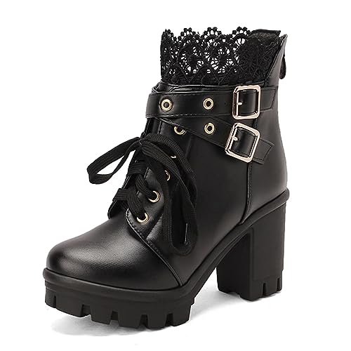 MEOTINA Goth Platform Boots Chunky High Heels Ankle Boots Lace Buckle Gothic Cosplay Booties Zipper Punk Shoes - 7.5 - Buckle Black