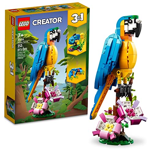 LEGO Creator 3 in 1 Exotic Parrot Building Toy Set, Transforms to 3 Different Animal Figures - from Colorful Parrot, to Swimming Fish, to Cute Frog, Creative Toys for Kids Ages 7 and Up, 31136 - Multi-color