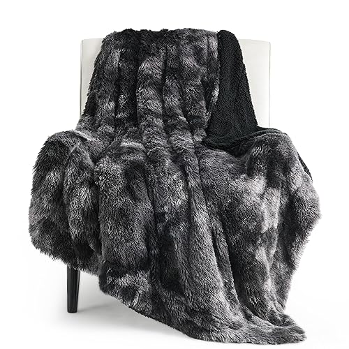 Bedsure Soft Sherpa, Thick Cozy Shaggy Faux Fur Blanket - Throw (50" x 60") - Tie Dye Black