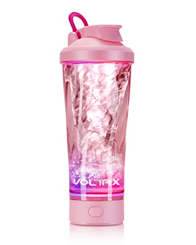 VOLTRX Electric Shaker Bottle - VortexBoost Portable USB C Rechargeable Protein Shake Mixer, Shaker Cups for Meal Replacement Shakes, BPA Free, Colored Light Base, 24 oz - Pink
