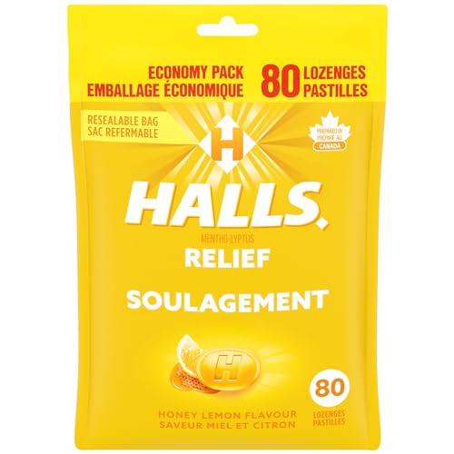 HALLS Honey Lemon Flavour Cough Drops, Throat Lozenges, Sore Throat Relief, Mentho-Lyptus, 80 Lozenges - Honey Lemon - Drops