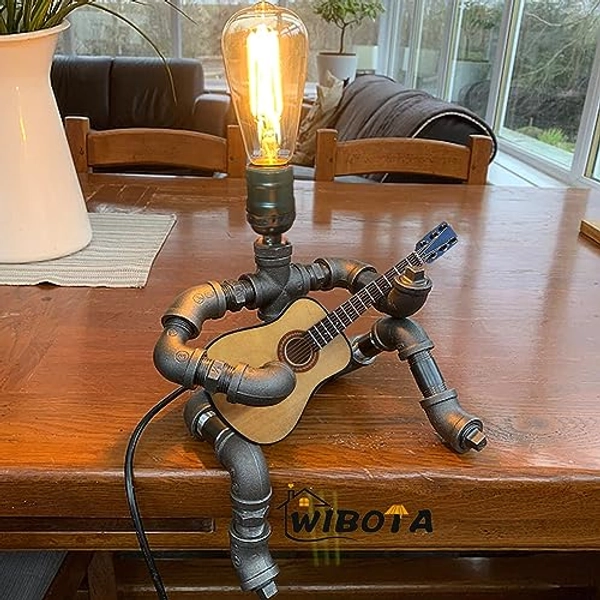 WIBOTA Music Guitar Table Lamp Art Decor Guitar Stuff Cool Gifts for Music Art Lovers Microphone Players for Men Steampunk Pipe Man Edison Bulb Lamps Retro Guitars Metal Pipe Industrial Robot Lights - Silver-gray/With guitar + lights