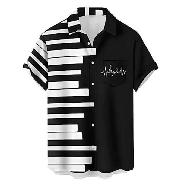 Ecosunny Music Shirts for Men Hawaiian Bowling Printed Short Sleeve Casual Button Down Shirts - Music Piano Black - Large