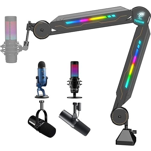 RGB Boom Arm, TONOR Adjustable Mic Stand with RGB Light for HyperX QuadCast/Blue Yeti/Rode NT1, Rotatable Suspension Boom Scissor Stand for Gaming Streaming Podcasting YouTube Recording T90