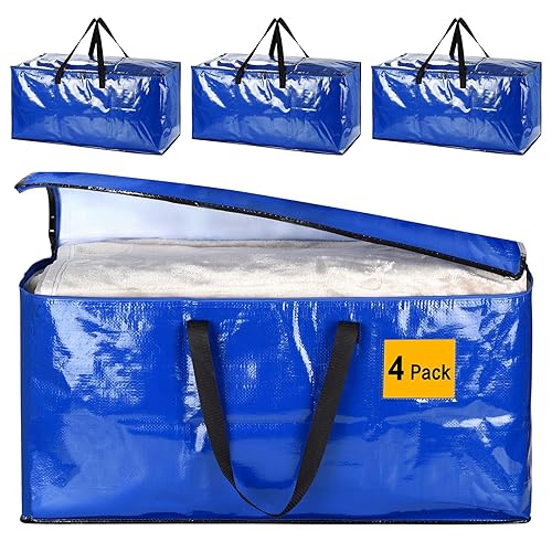 4 Pack Extra Large Heavy Duty Storage Boxes with Lids, Large Strong Packing Boxes for Moving House, Removal Box, Moving Bags, Vacuum Storage Bags Containers (BLUE) - Blue