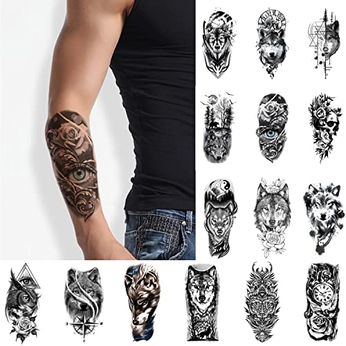 Glaryyears Animal Temporary Tattoo for Men Women Adults, 15-Pack Variety Design Large Fake Tattoos, Long-lasting Realistic Tattoos for Body Arm Leg Shoulder, Wolf Skull Eagle Eye Flower Tattoos - Pattern C