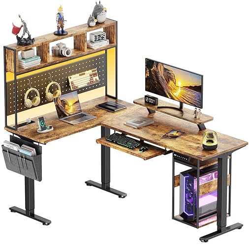 Electric L Shaped Standing Desk Adjustable Height, 67" x 47" Corner Computer Desk with Host Shelf, FLYCITY Gaming Desk with LED Lights & Power Outlet, Dual Motor Home Office Desk with Storage, Brown - Rustic Brown Top / Black Frame - 67" x 47"