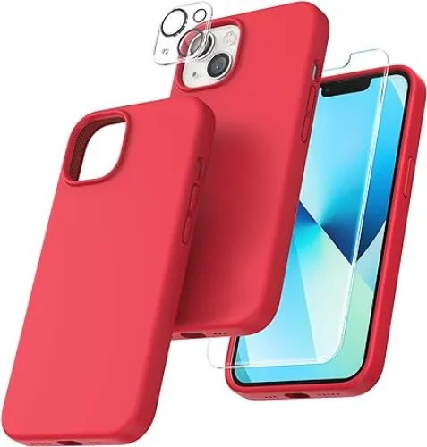 5 in 1 for iPhone 13 Case 6.1 Inch, with 2 Pack Tempered Glass Screen Protector + 2 Pack Camera Lens Protector, Liquid Silicone Slim Shockproof Cover [Anti-Scratch] [Drop Protection]
