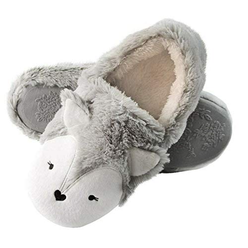 Cute Silver Fox Fleece Slippers for Women Girls Winter Soft Wool Furry Lining Plush Indoor/Outdoor Slippers Slip-On Shoes Fuzzy Clog Mule House Slipper Warm Stylish Comfortable - 5/6 UK - Grey