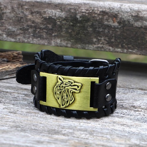 Celtic Wolf Leather Alloy Viking Bracelet - Black+Gold / 27.5 CM