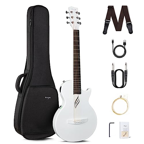 Enya NOVA Go SP1 Carbon Fiber Acoustic Electric Guitar with Smart AcousticPlus 35 Inch Travel Acustica Guitarra Starter Bundle Kit of Gig Bag, Strap, Strings, Charging Cable, Instrument Cable(White) - Acoustic-Electric - White