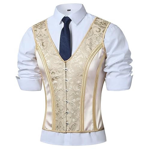 HUAMYTH Mens Corset Vest Lace Up Bones Formal Waistcoat Beige Floral Waist Trainer Dress Vest For Wedding Party - Large - Beige Prints Mixed Beige
