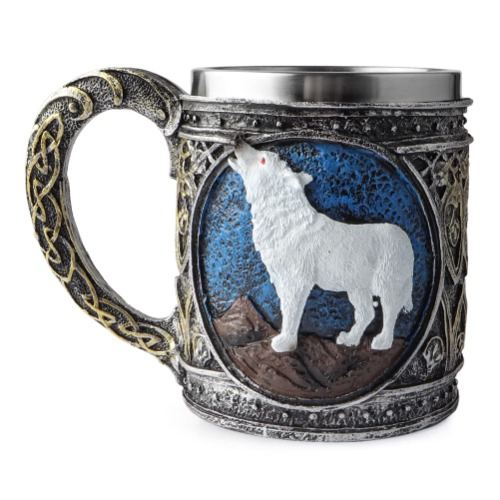 EZESO ESSENTIAL SKINCARE Stainless Steel Wolf Mug, Resin 3D Wolf Coffee Cup Stainless Steel Travel Tea Wine Beer Mugs (White Wolf) - White Wolf