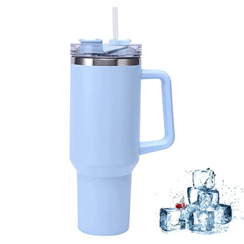 Tumblers with Straw, Lid and Handle - 40oz/1200ml Stainless Steel Insulated Travel Mug for Hot and Iced Drinks - Leak Proof Vacuum Water Bottle (Blue) - Blue