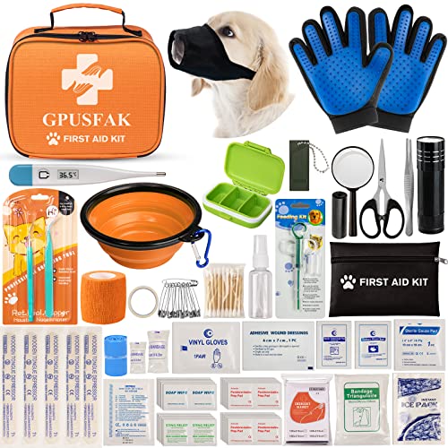 GPUSFAK Pet First Aid Kit for Dogs & Cats - Pet Emergency Kit with Grooming Brushes Gloves First Aid Supplies for Home Camping Hiking Traveling Hunting and Sports