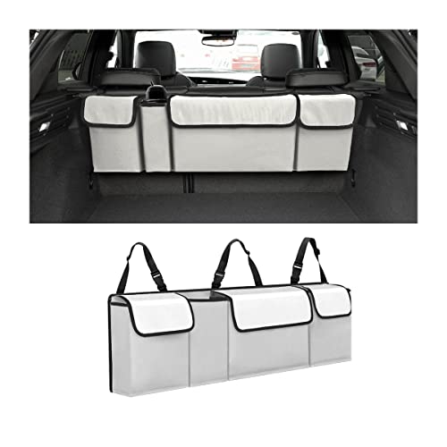 AUCELI Car Trunk Organizer, Backseat Hanging Large Storage with Adjustable Straps, Waterproof Collapsible Cargo Bag with 4 Pockets, Sturdy Space Saver Frees Trunk Floor for SUV, Truck, MPV - Beige