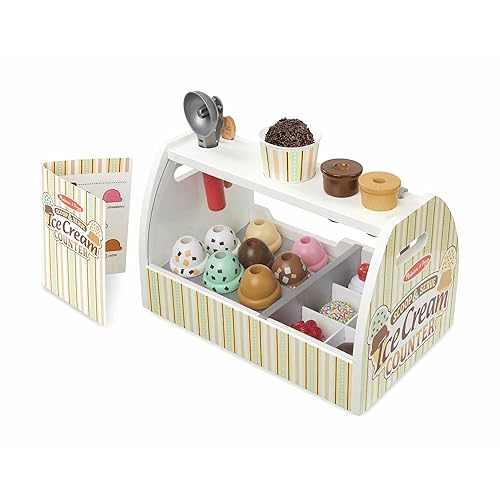 Melissa & Doug Wooden Scoop and Serve Ice Cream Counter (28 pcs) - Play Food and Accessories - Pretend Food Toys, Ice Cream Shop Toys For Kids Ages 3+ - Scoop & Serve Ice Cream Counter