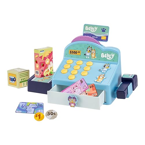 Bluey Cash Register. Press The Buttons to Hear Beeps, Sounds and Phrases from Bluey and Bingo |Use The Scanner to Scan Packages and Pretend to Run a Shop | Includes Toy Credit Card and Dollar Bucks!
