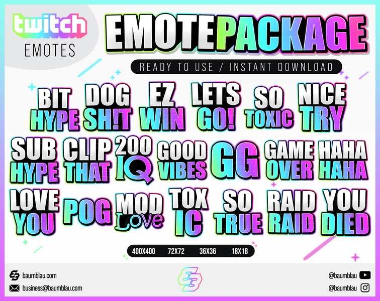 20 Text Emote Package | TikTok Twitch Emote Pack RAINBOW | Streamer Emotes Bundle | Twitch TikTok Youtube Discord Streamer Text Emotes