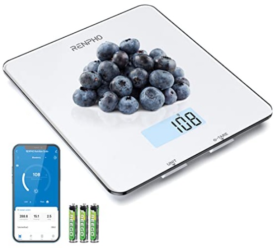 RENPHO Food Scale, Kitchen Scale for Food Ounces and Grams, Smart Cooking and Coffee Scale with Timer, Nutritional Calculator for Keto, Macro, and Calorie with Smartphone App, White - Glass White