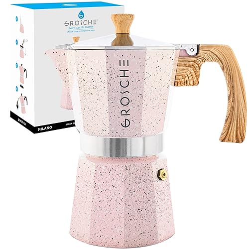 GROSCHE Milano Moka Pot, Stovetop Espresso Maker, Greca Coffee Maker, Stovetop Coffee Maker and Espresso Maker Percolator (Pink, 6 Cup) - White 3 cup