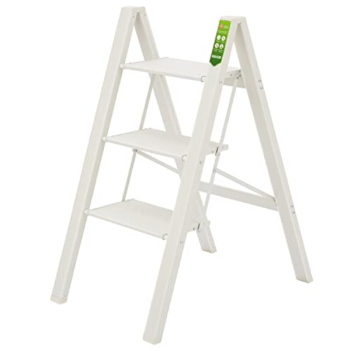 3 Step Ladder, RIKADE Folding Step Stool with Wide Anti-Slip Pedal, Aluminum Portable Lightweight Ladder for Home, Kitchen and Office Use, 330lb Capacity - 3Steps - Beige