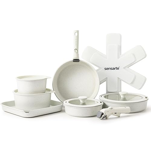 SENSARTE 17 Piece Pots and Pans Set, Nonstick Detachable Handle Cookware, Induction Kitchen Cookware Set with Removable Handle, Healthy Non Stick RV Cookware, Dishwasher ＆ Oven Safe, PFOA Free (White) - 17 pcs Granite Set - White