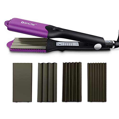 DSHOW Hair Crimper for Women with 4 Interchangeable Plates, Crimper Hair Iron Volumizing Flufft Hairstyle Crimping Iron for Hair with 5 Heat Settings & 60 Min Auto Off (Purple) - Purple-B