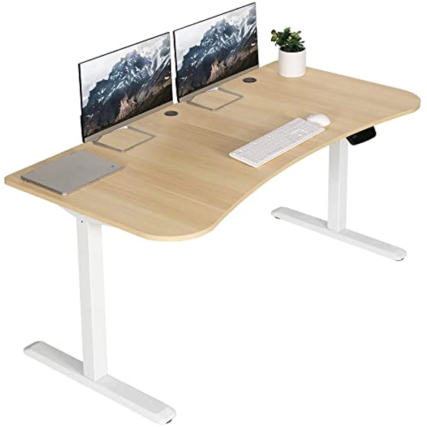 VIVO Electric Height Adjustable 63 x 32 inch Memory Stand Up Desk, Light Wood Table Top, White Frame, Touch Screen Preset Controller, 2E Series, DESK-KIT-2EWC