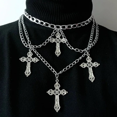 Grunge Multi Cross Chain Choker Necklace - Full Cross
